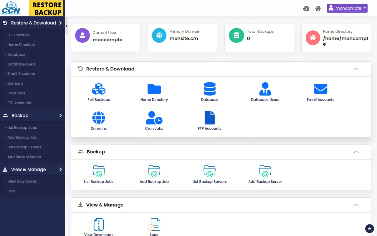 Interface de l'outil Backuply dans cPanel