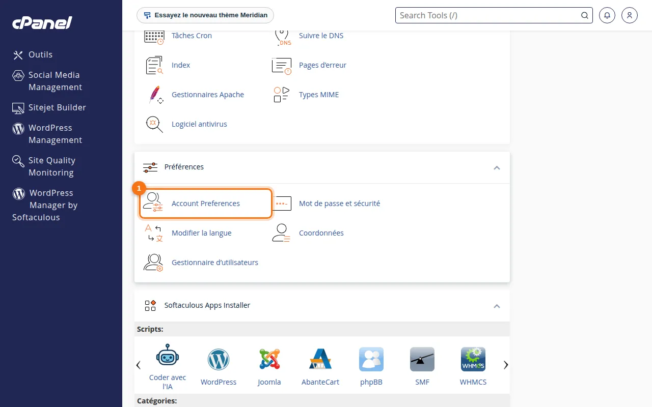 Emplacement de l'outil Account Preferences dans cPanel