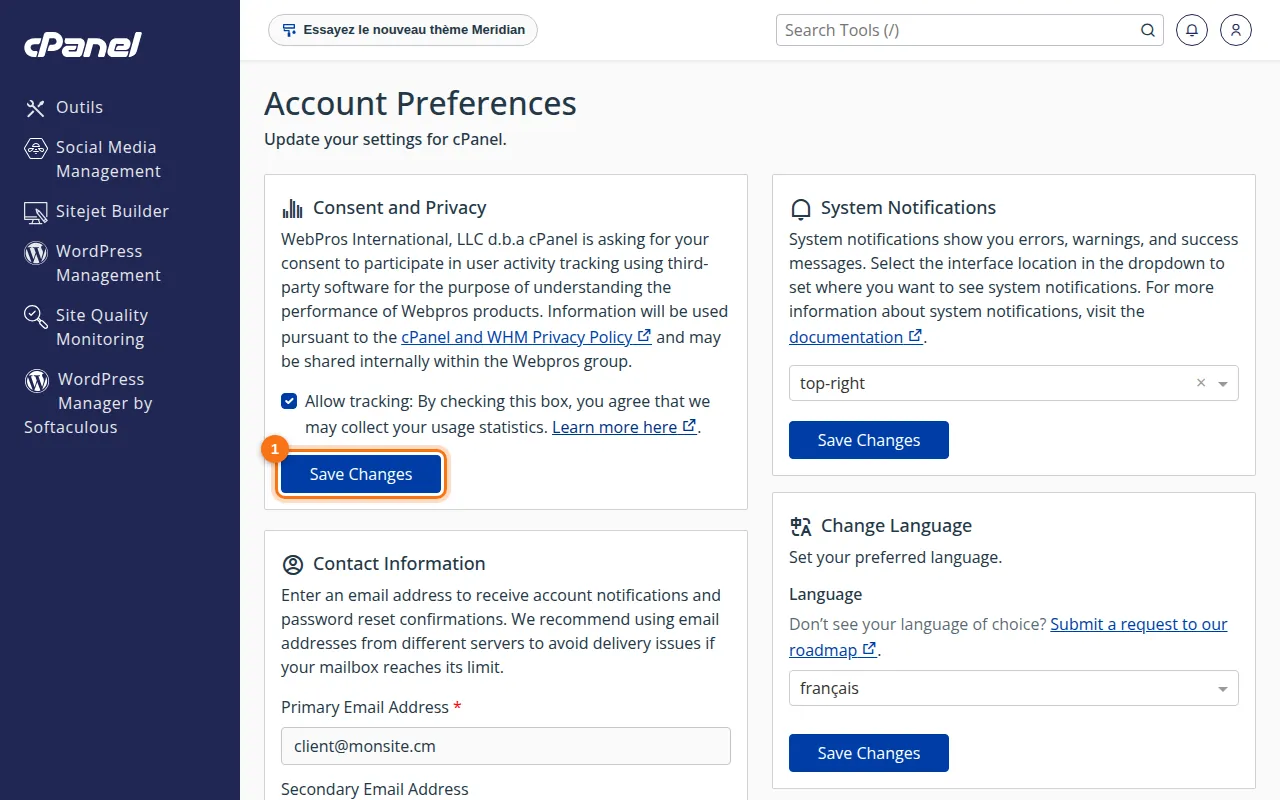 Interface de l'outil Account Preferences dans cPanel