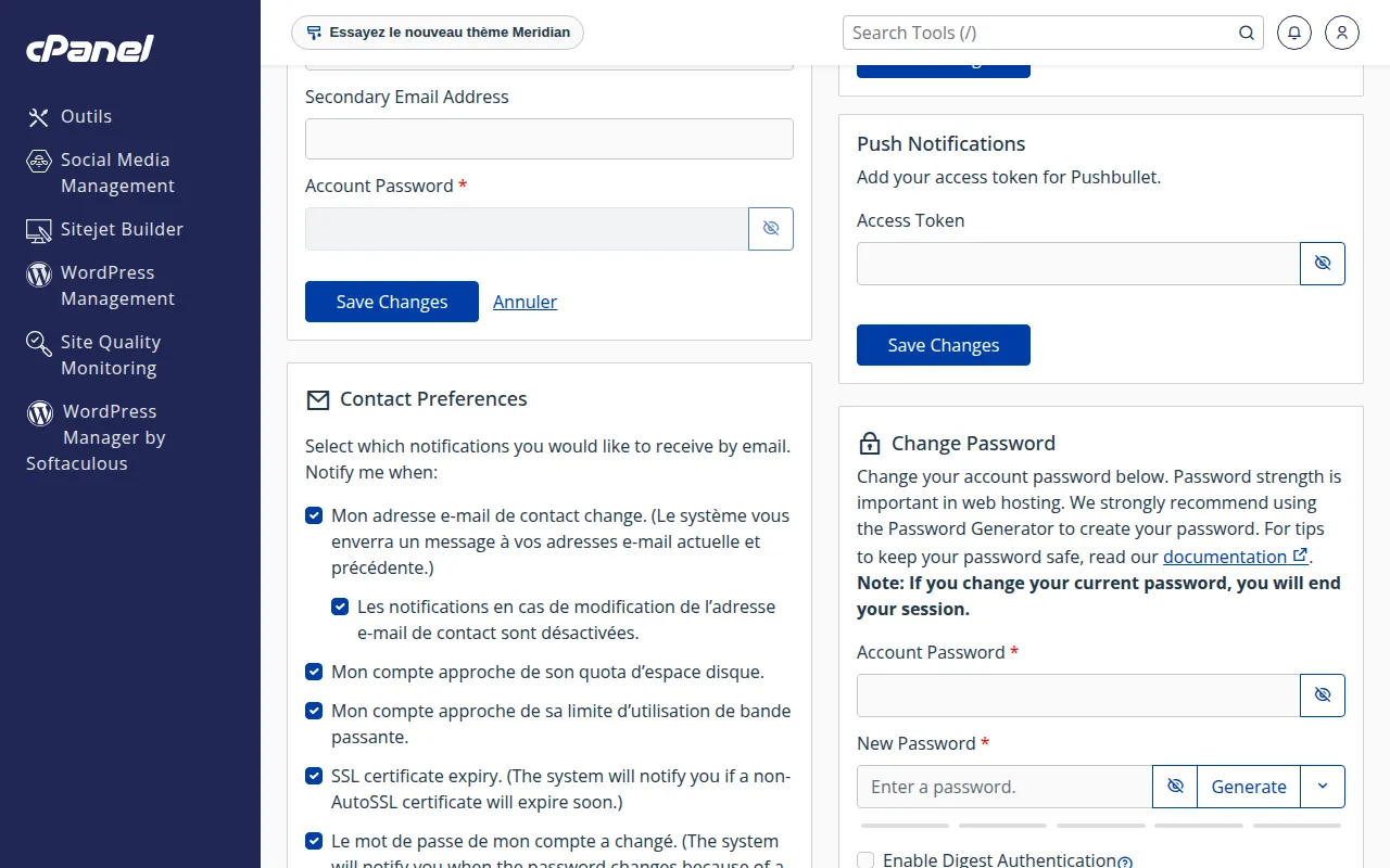 Suite de l'écran Account Preferences