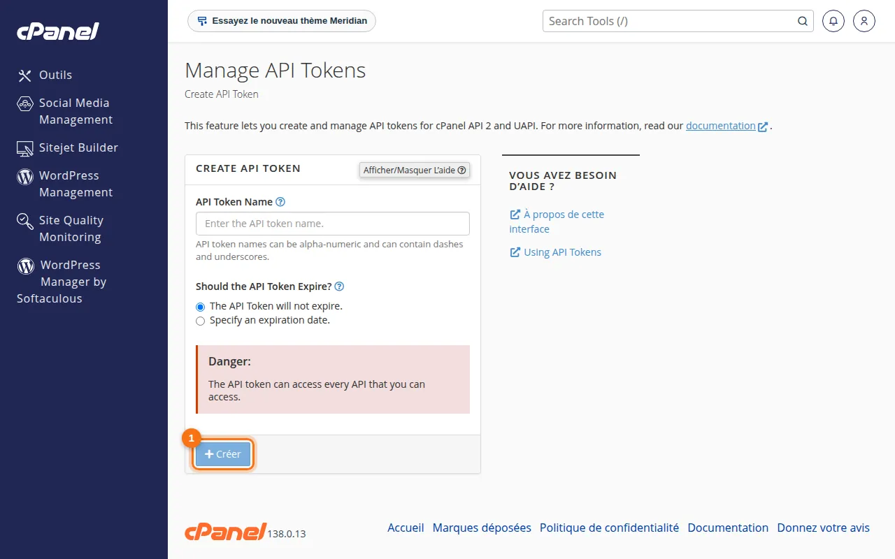 Interface de l'outil Manage API Tokens dans cPanel