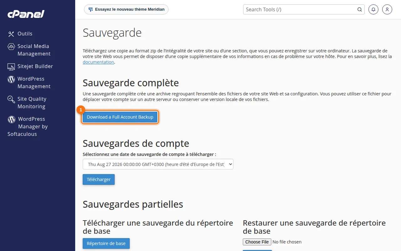 Interface de l'outil Sauvegarde dans cPanel