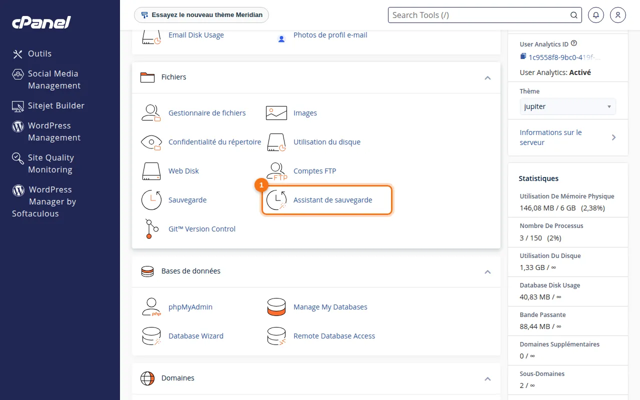 Emplacement de l'outil Assistant de sauvegarde dans cPanel
