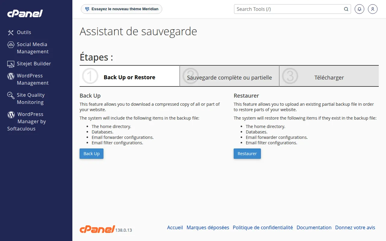 Interface de l'outil Assistant de sauvegarde dans cPanel