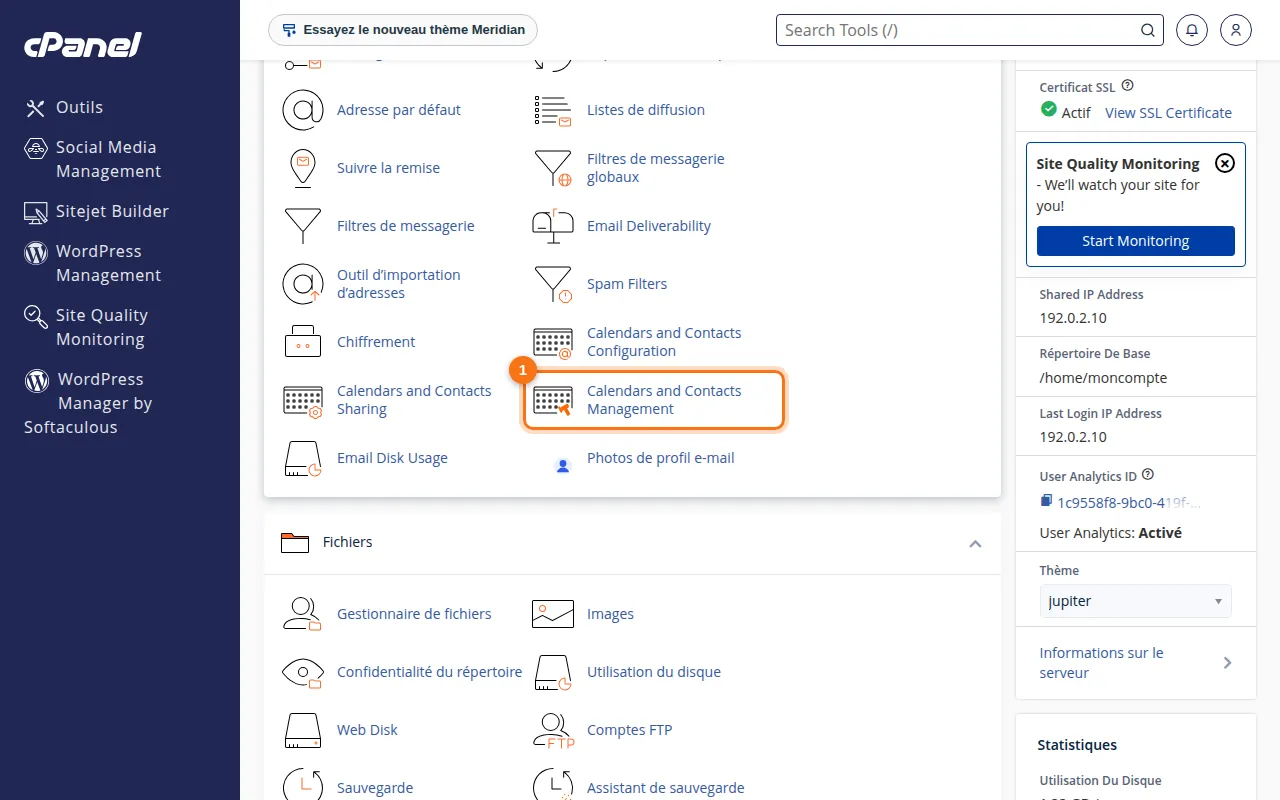 Emplacement de l'outil Calendars and Contacts Management dans cPanel