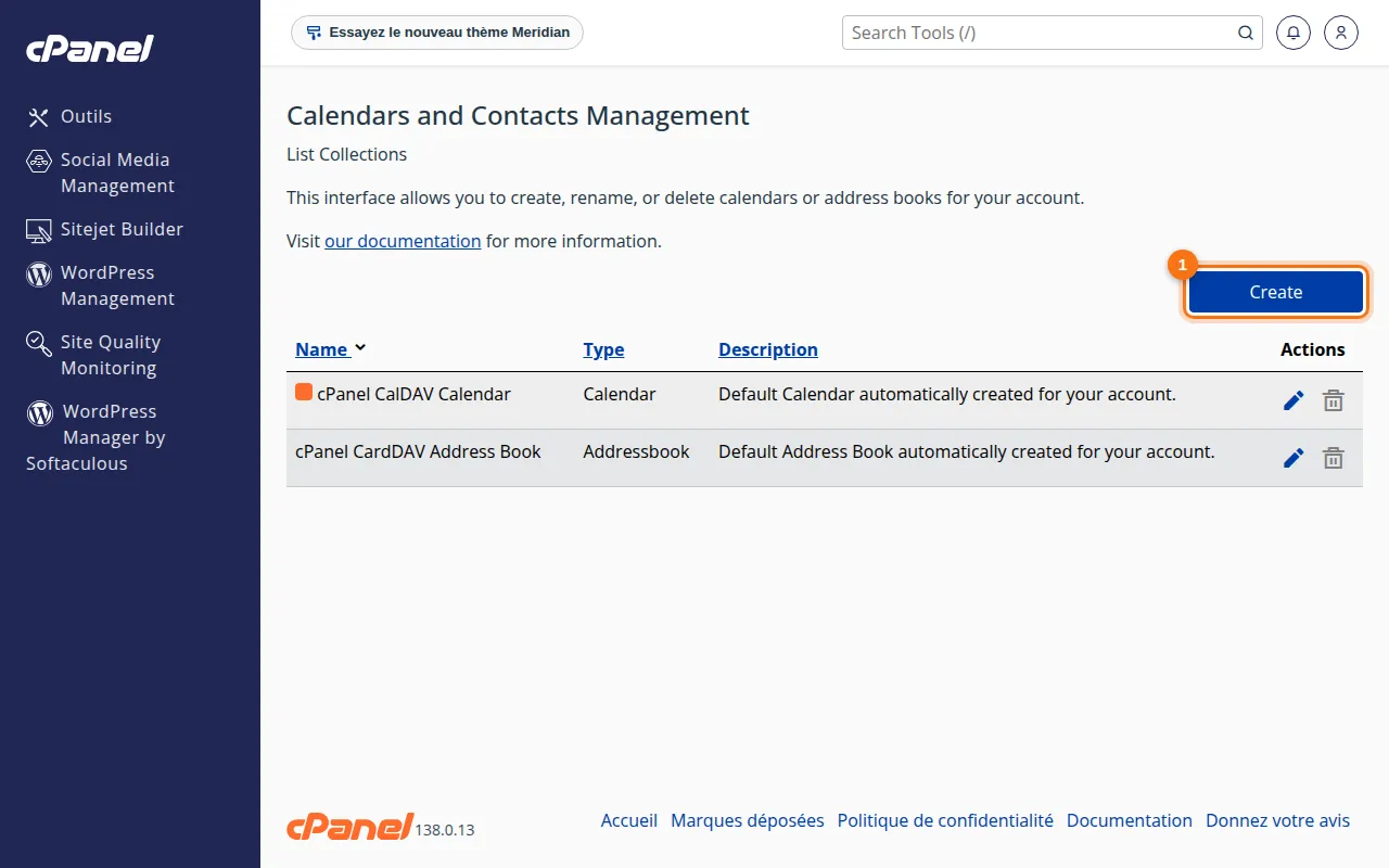 Interface de l'outil Calendars and Contacts Management dans cPanel