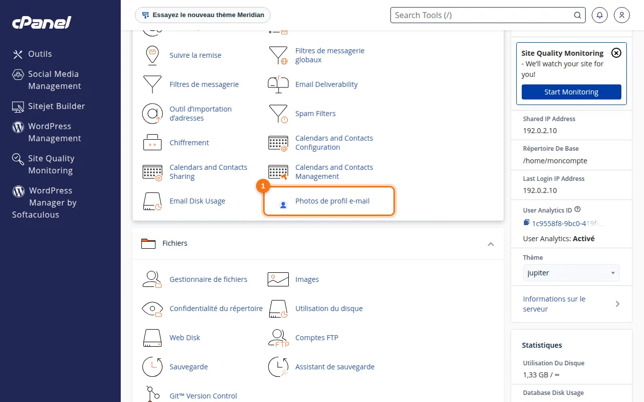 Emplacement de l'outil Photos de profil e-mail dans cPanel