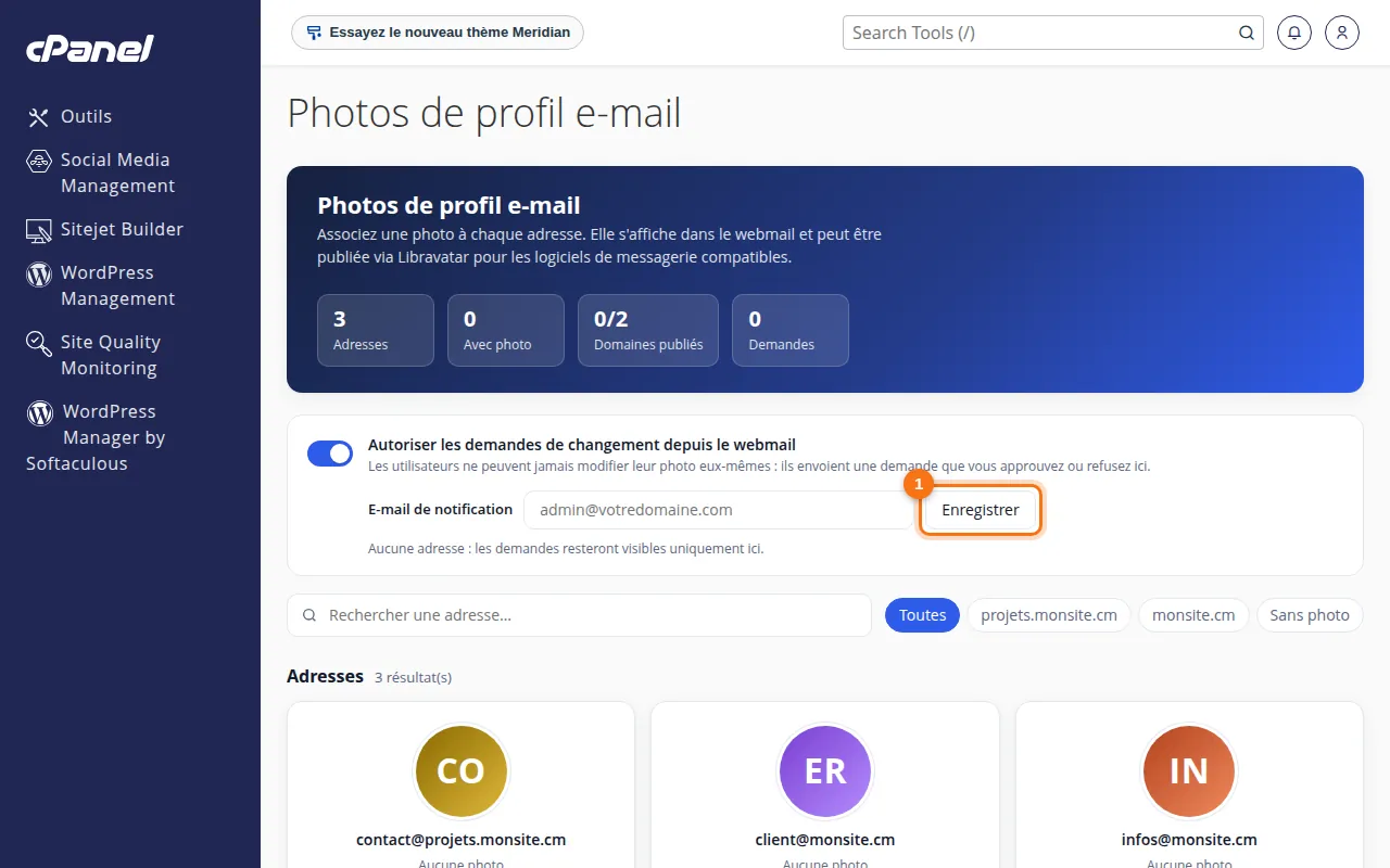 Interface de l'outil Photos de profil e-mail dans cPanel