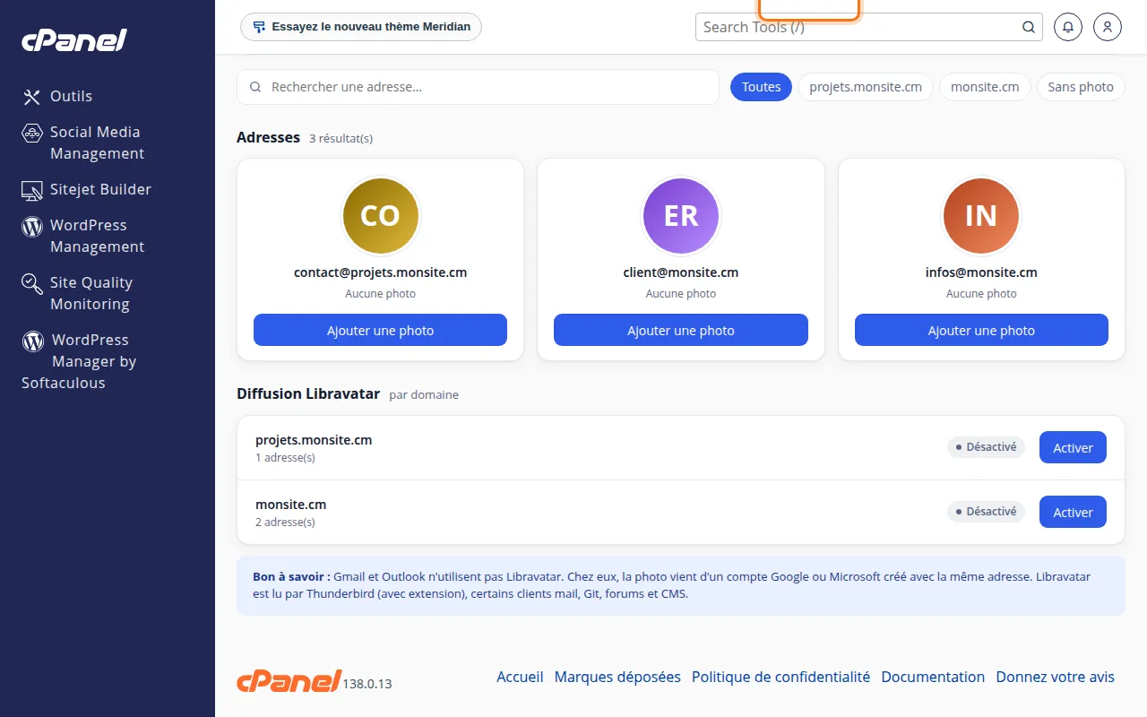 Suite de l'écran Photos de profil e-mail