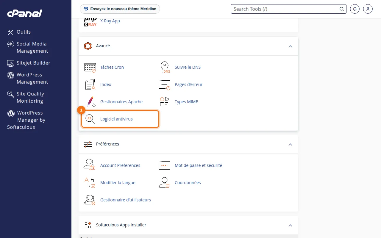 Emplacement de l'outil Logiciel antivirus dans cPanel