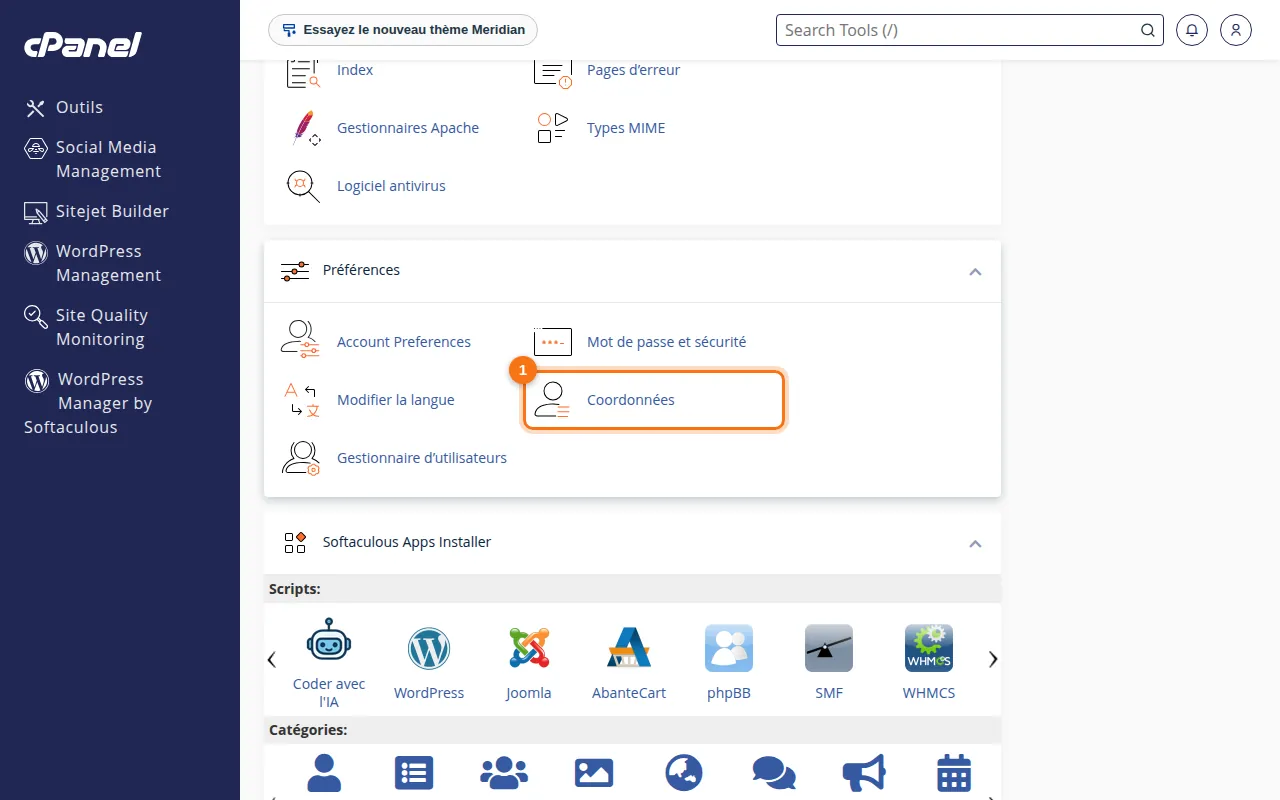Emplacement de l'outil Coordonnées dans cPanel