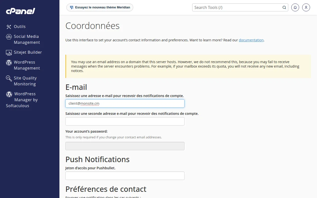 Interface de l'outil Coordonnées dans cPanel