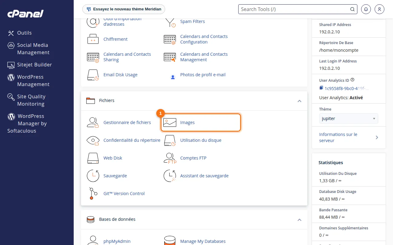 Emplacement de l'outil Images dans cPanel