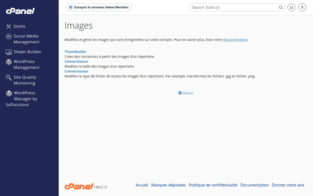 Interface de l'outil Images dans cPanel
