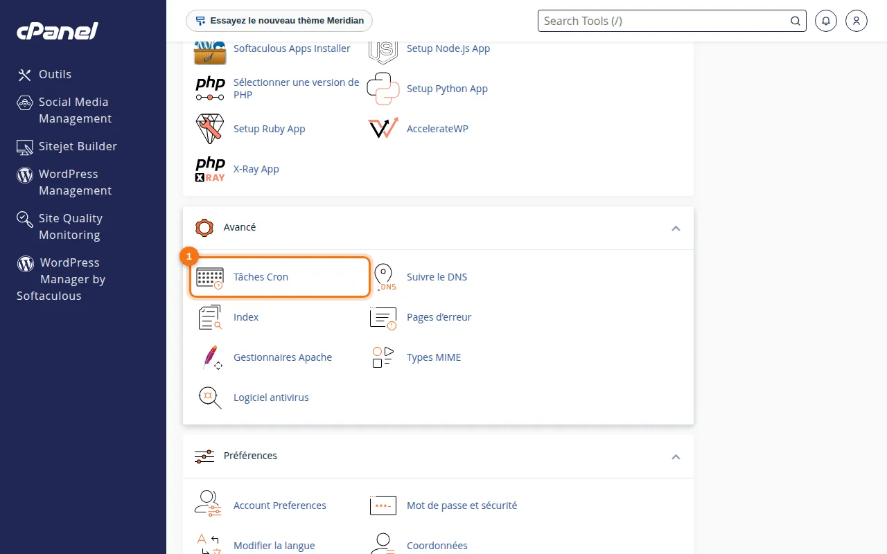 Emplacement de l'outil Tâches Cron dans cPanel