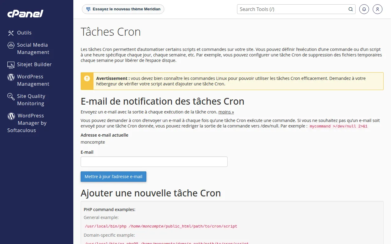 Interface de l'outil Tâches Cron dans cPanel