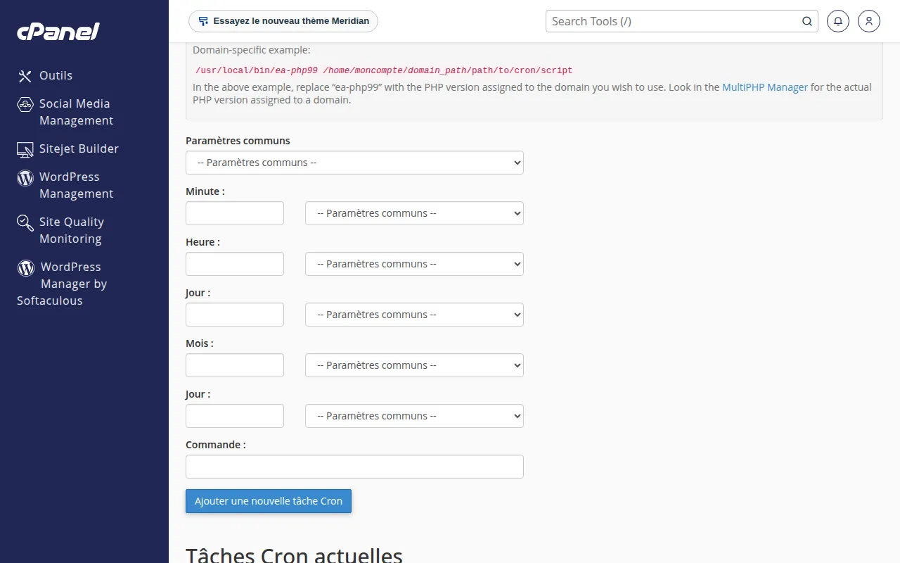 Suite de l'écran Tâches Cron