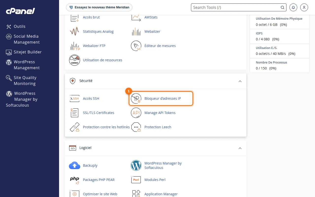 Emplacement de l'outil Bloqueur d’adresses IP dans cPanel