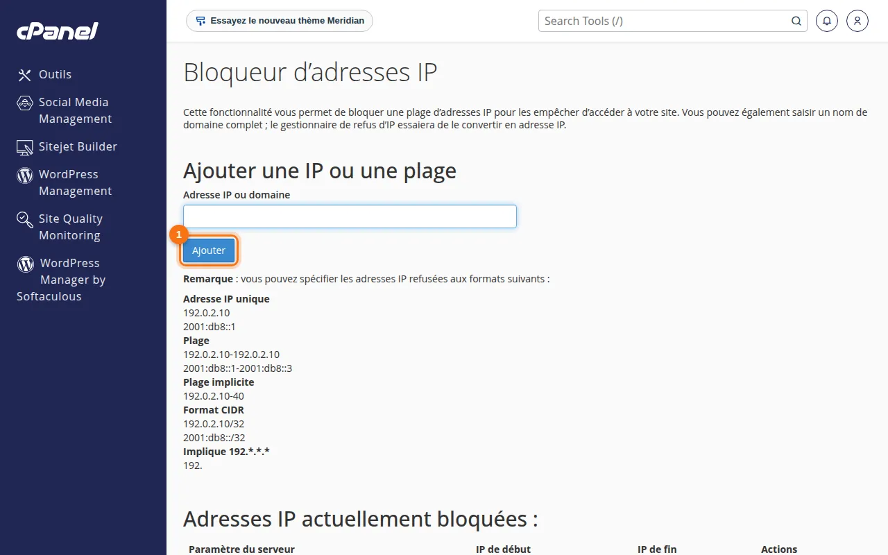 Interface de l'outil Bloqueur d’adresses IP dans cPanel