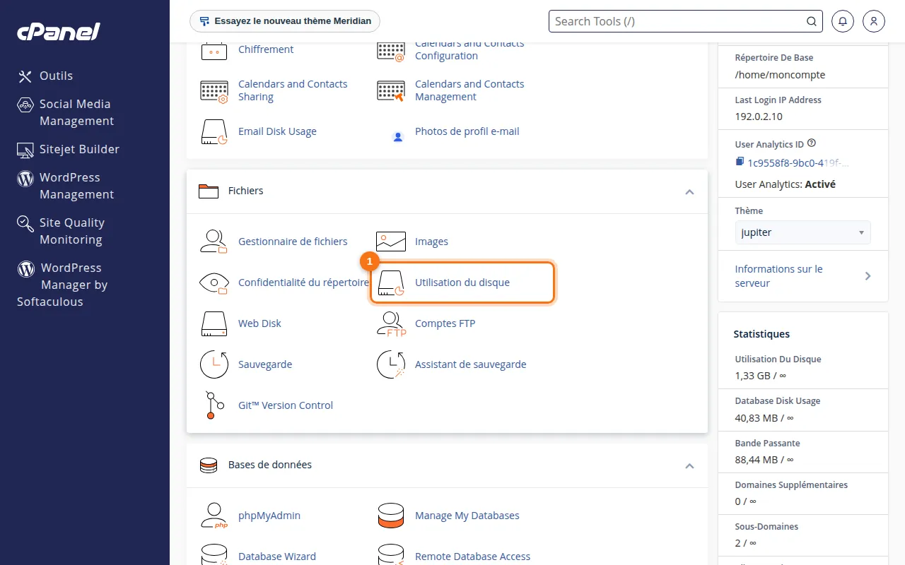Emplacement de l'outil Utilisation du disque dans cPanel