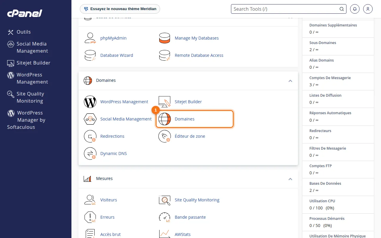 Emplacement de l'outil Domaines dans cPanel