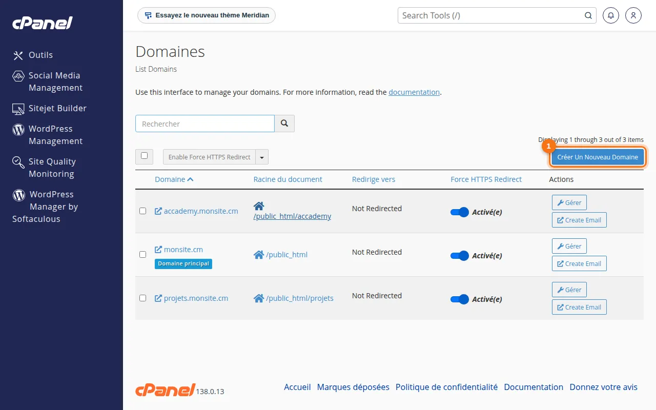 Interface de l'outil Domaines dans cPanel