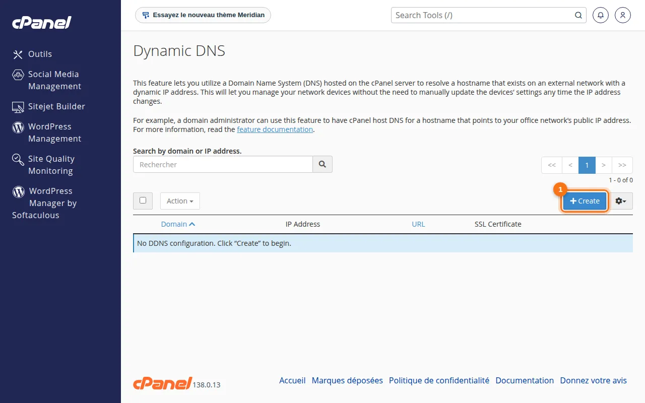 Interface de l'outil Dynamic DNS dans cPanel