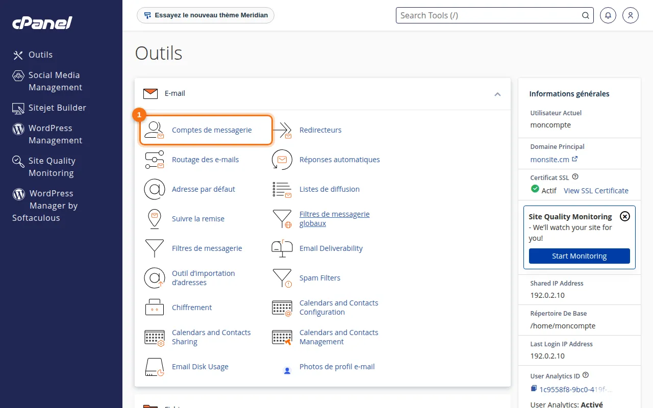 Emplacement de l'outil Comptes de messagerie dans cPanel