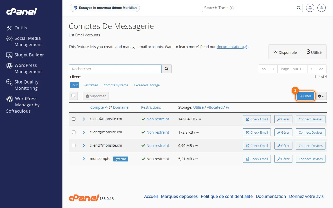 Dans cPanel, « Comptes de messagerie »