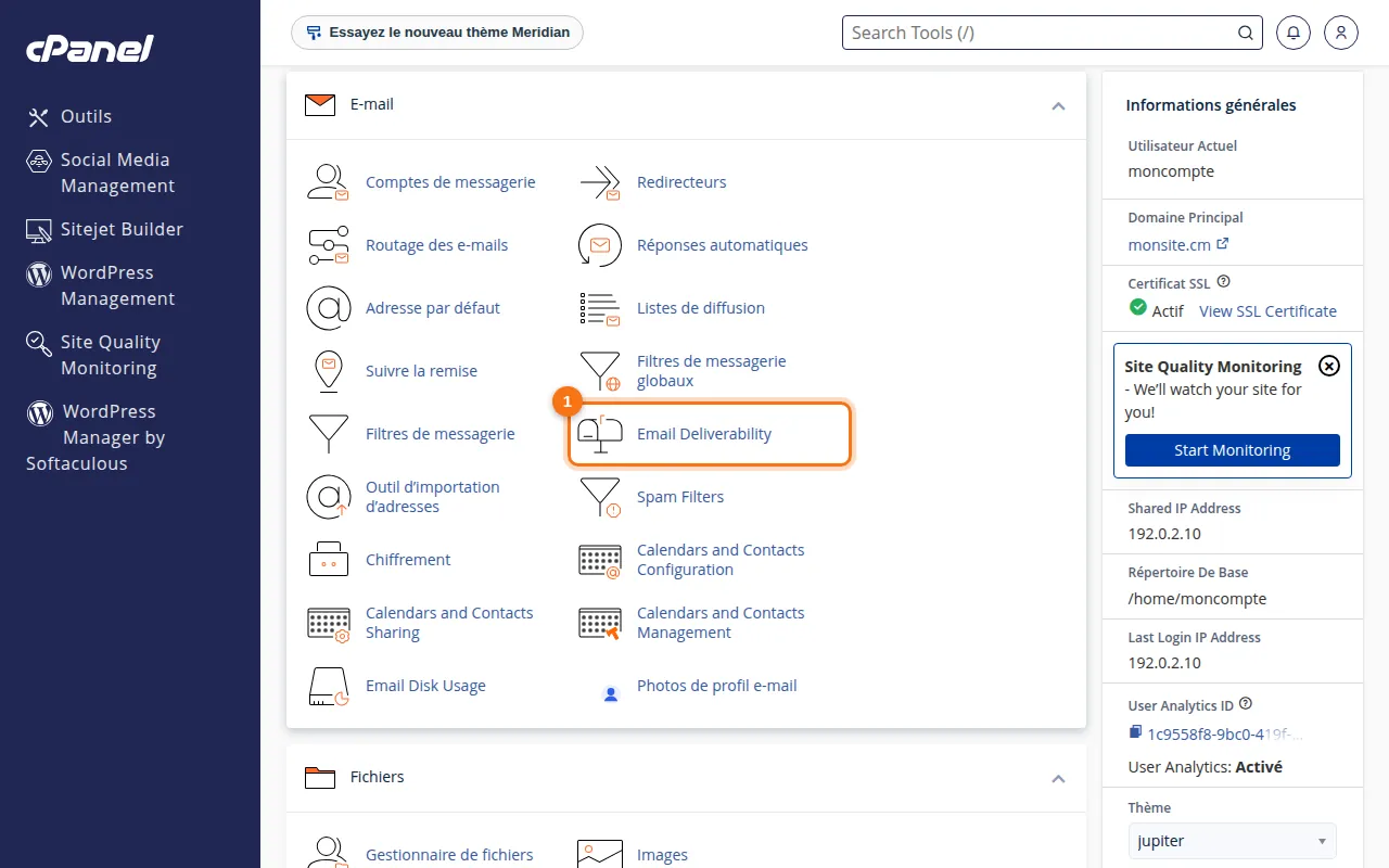 Emplacement de l'outil Email Deliverability dans cPanel