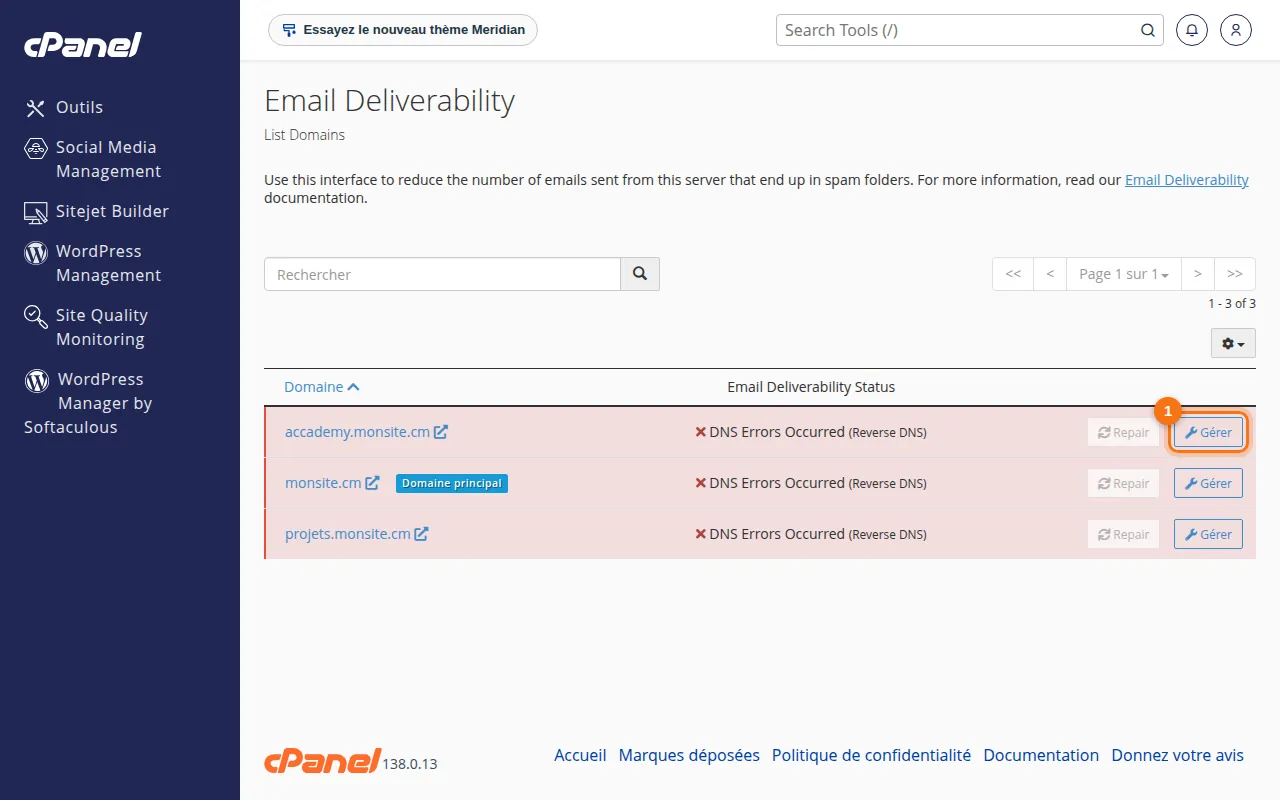 Interface de l'outil Email Deliverability dans cPanel