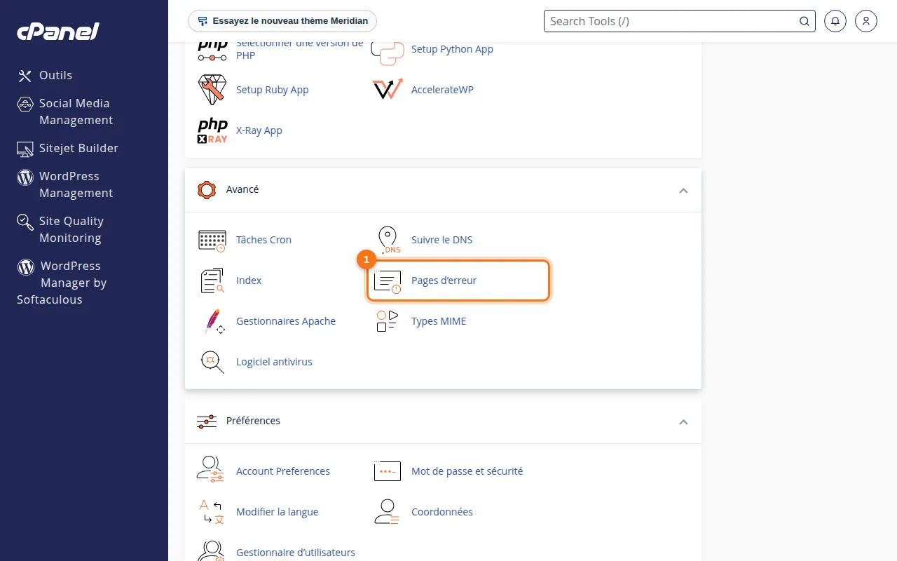 Emplacement de l'outil Pages d’erreur dans cPanel