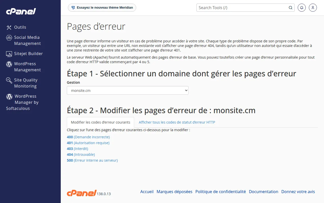 Interface de l'outil Pages d’erreur dans cPanel