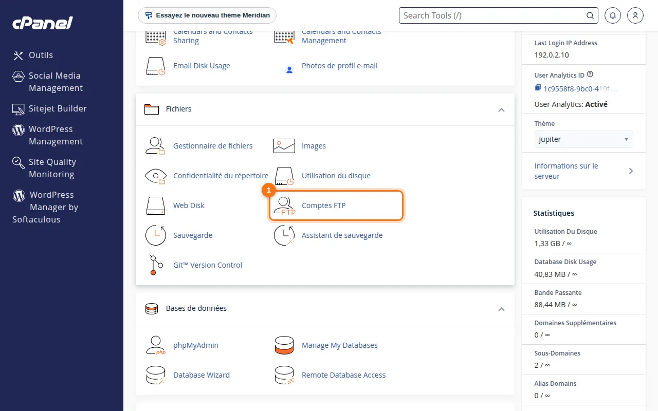 Emplacement de l'outil Comptes FTP dans cPanel