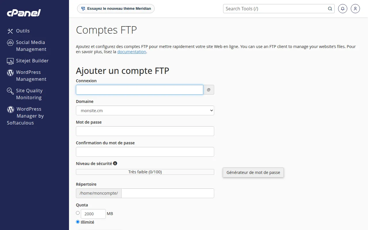 Interface de l'outil Comptes FTP dans cPanel