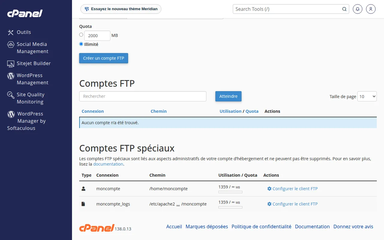 Suite de l'écran Comptes FTP