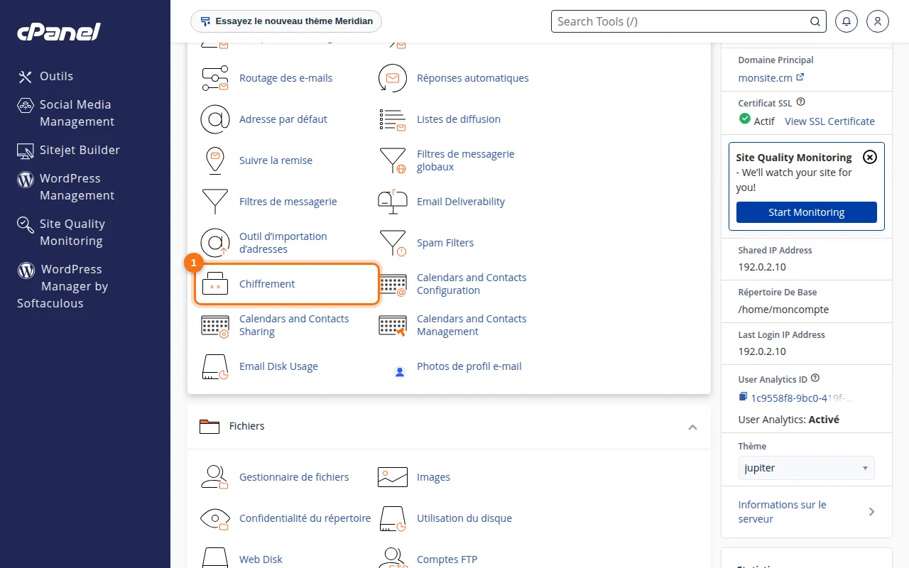 Emplacement de l'outil Chiffrement dans cPanel