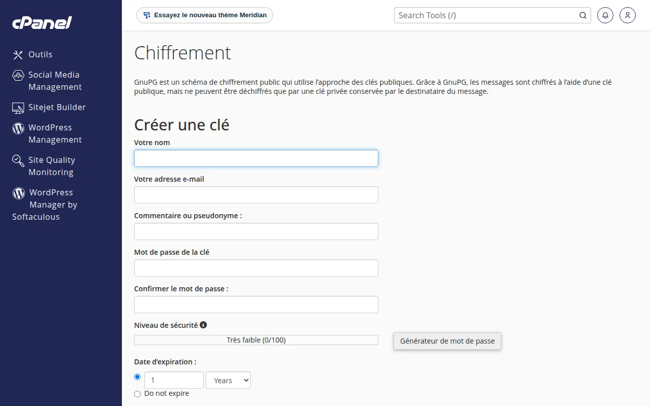 Interface de l'outil Chiffrement dans cPanel