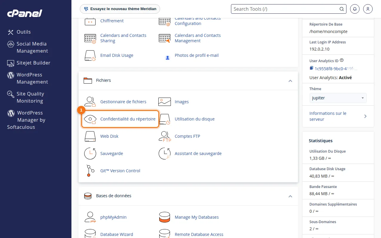 Emplacement de l'outil Confidentialité du répertoire dans cPanel
