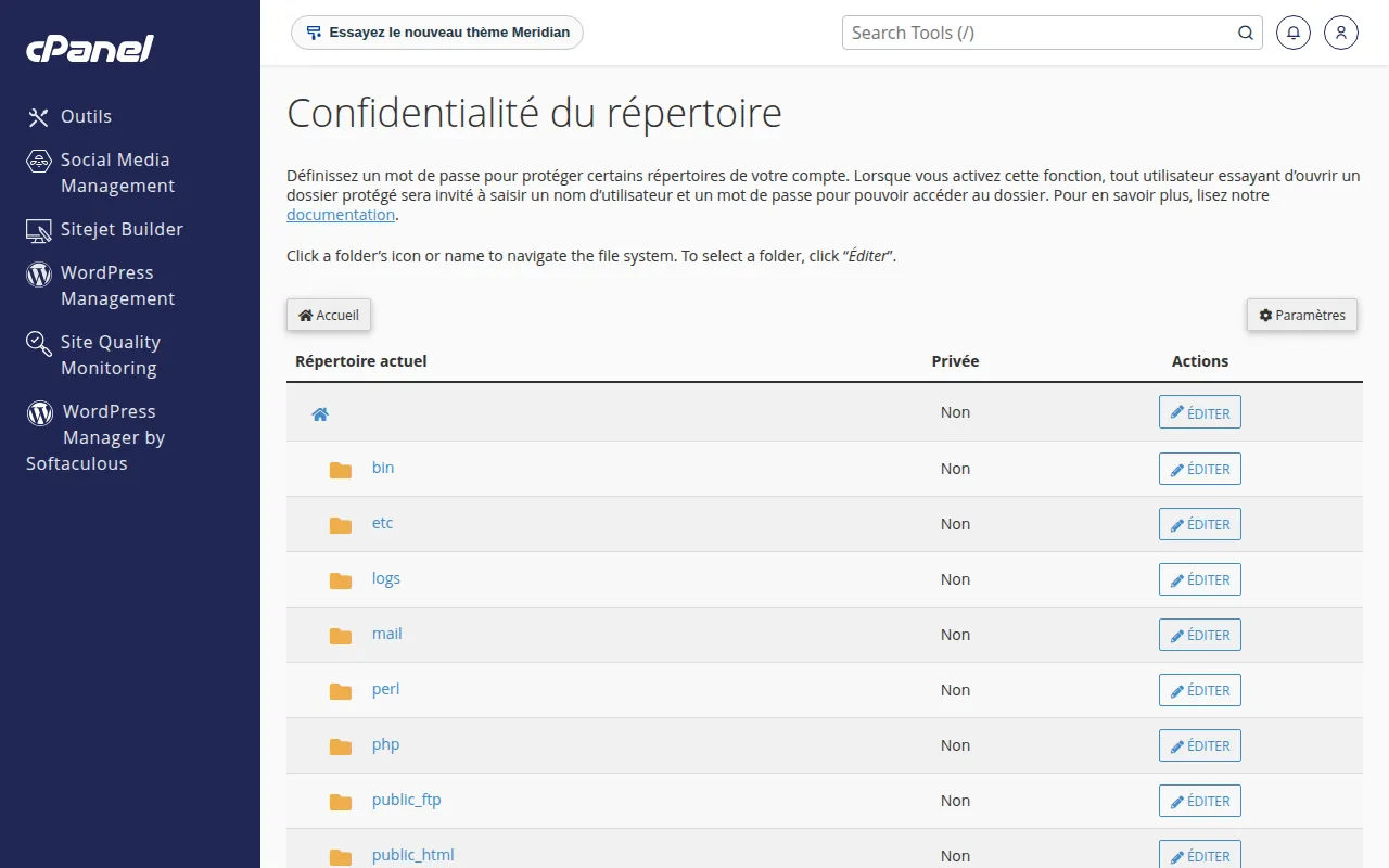 Interface de l'outil Confidentialité du répertoire dans cPanel