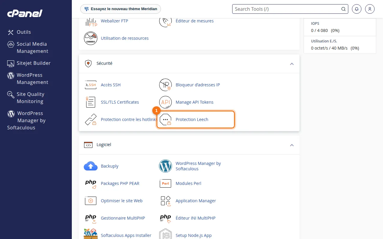 Emplacement de l'outil Protection Leech dans cPanel