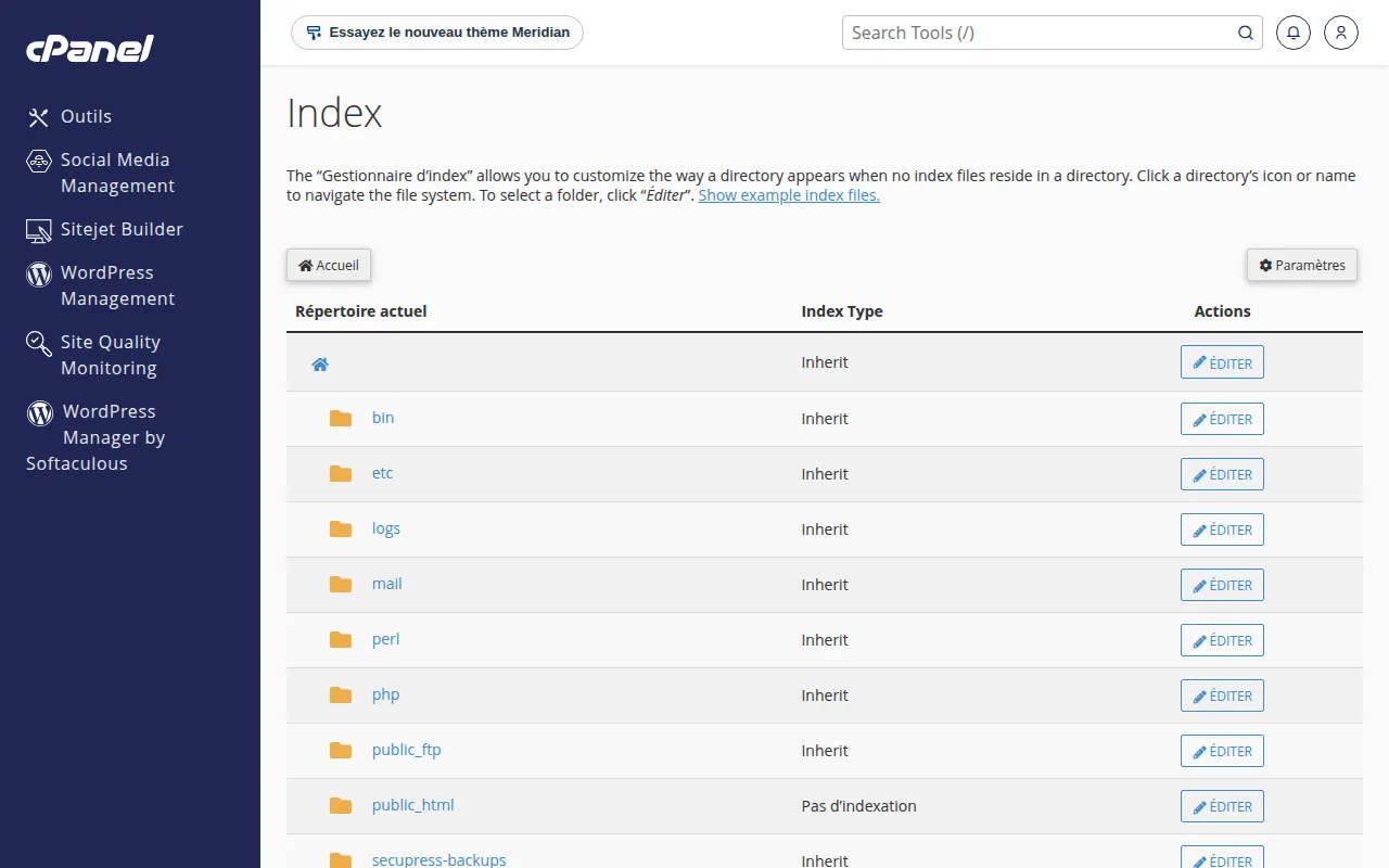 Interface de l'outil Index dans cPanel