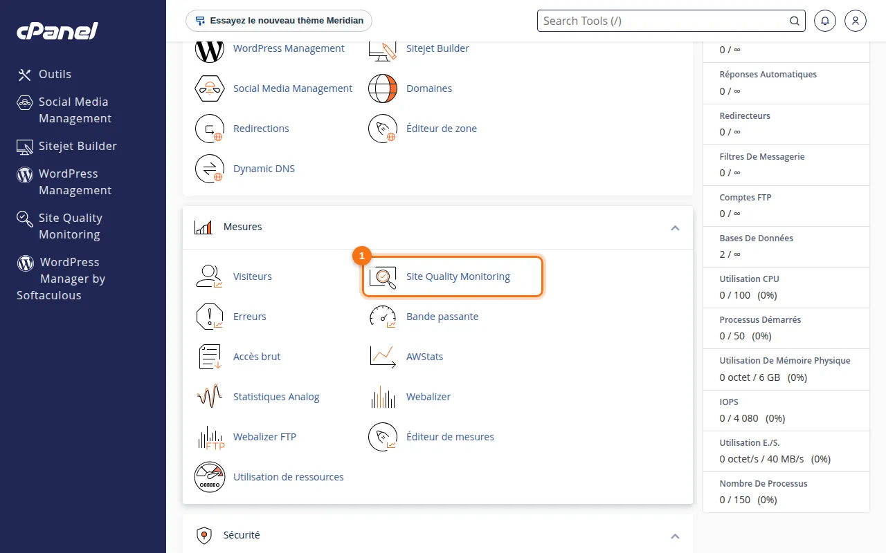 Emplacement de l'outil Site Quality Monitoring dans cPanel