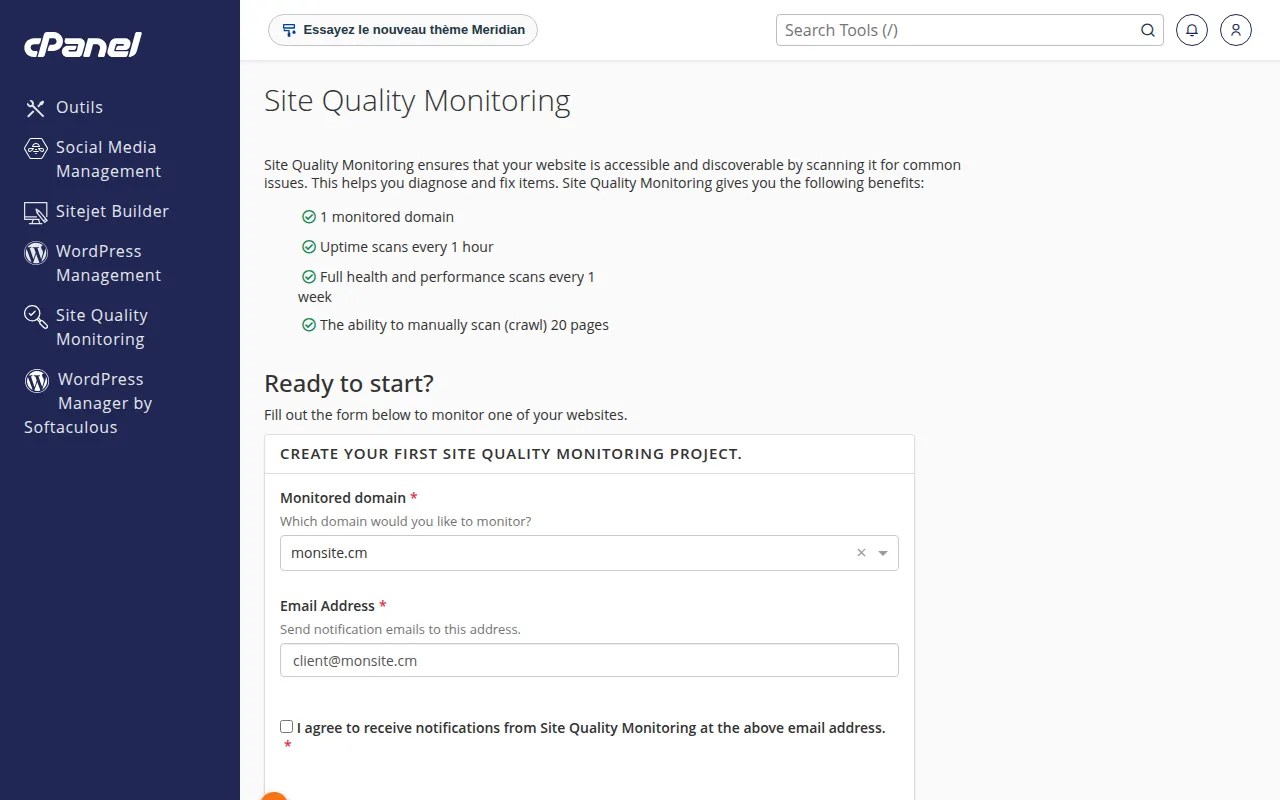 Interface de l'outil Site Quality Monitoring dans cPanel