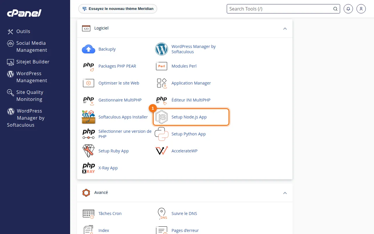 Emplacement de l'outil Setup Node.js App dans cPanel