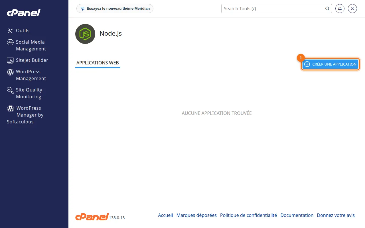 Interface de l'outil Setup Node.js App dans cPanel
