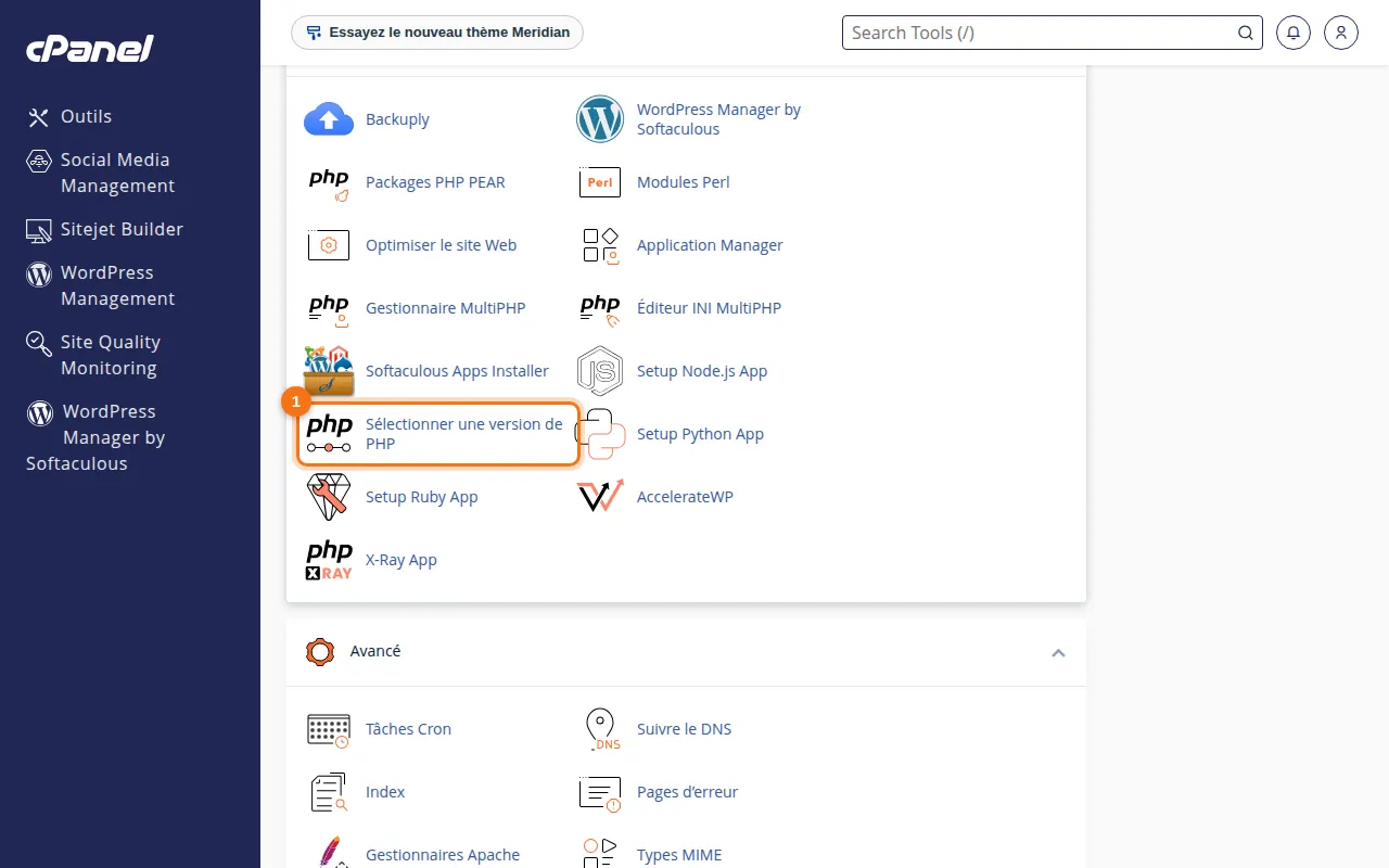 Emplacement de l'outil Sélectionner une version de PHP dans cPanel