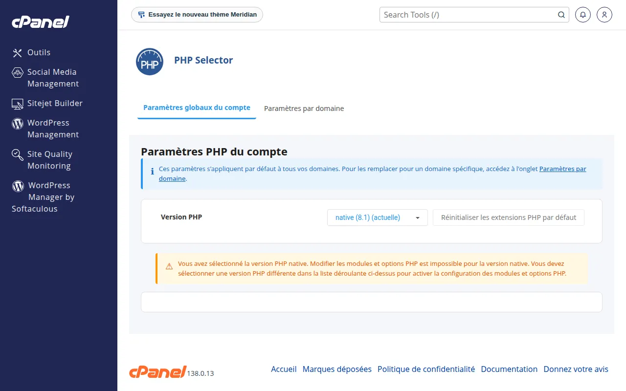 Interface de l'outil Sélectionner une version de PHP dans cPanel