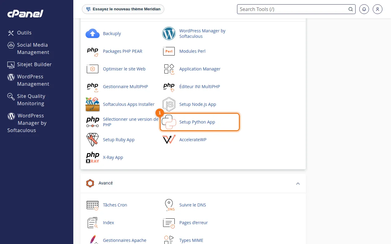 Emplacement de l'outil Setup Python App dans cPanel