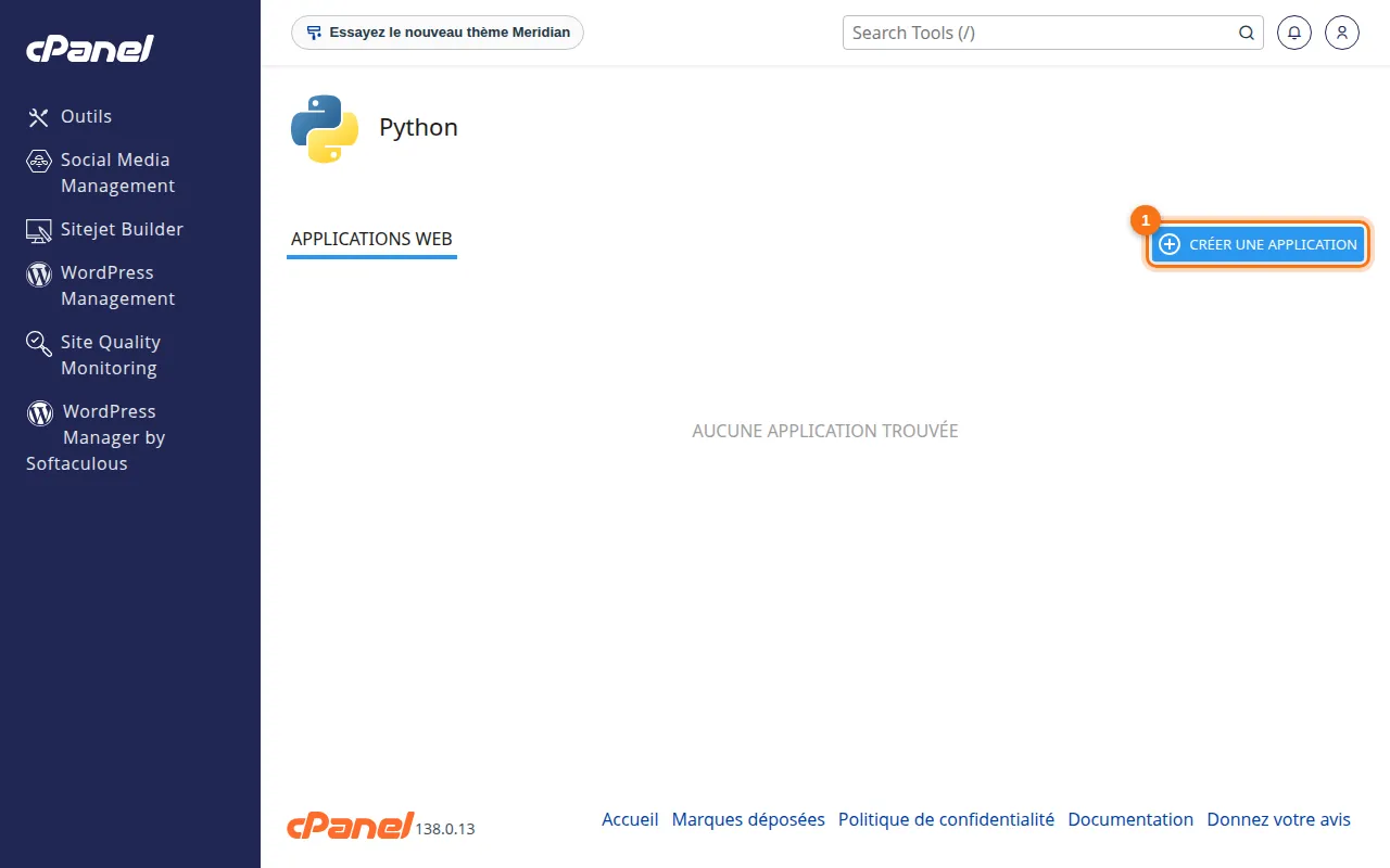 Interface de l'outil Setup Python App dans cPanel